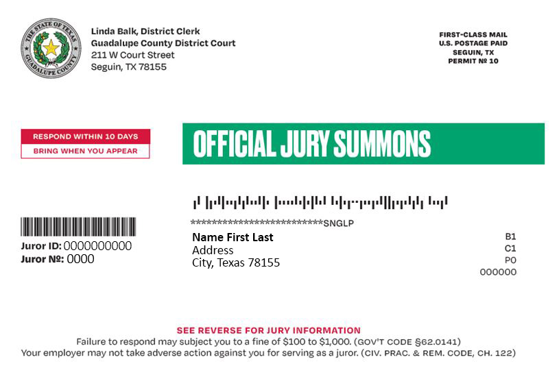 Guadalupe County District Clerk New Jury Management System Postcard example